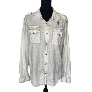BUCKLE BLACK LABEL Men Embroider Long Sleeve Shirt Sz L White Button Down 3A-1